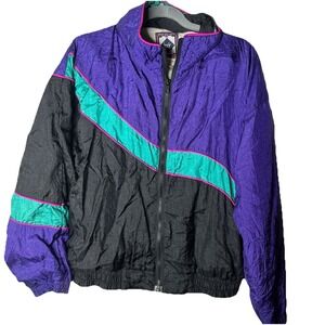 80's BASIC RITUALS Color Block Zip Up Lined Windbreaker Jacket Small Purple